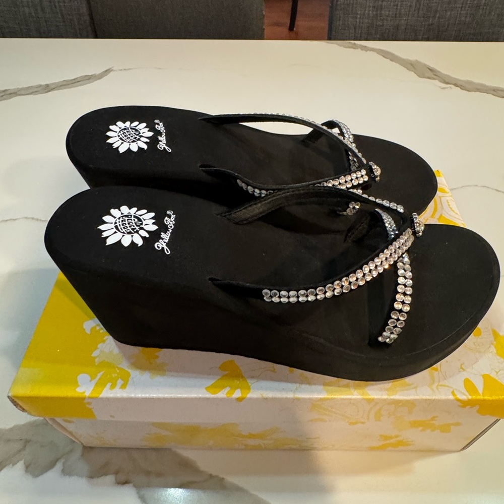 Yellow Box Black Sparkle Wedge Sandals